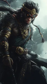 Armored simian warrior with staff in stormy landscape.
