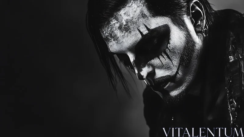 Moody monochrome portrait of a reflective gothic performer.