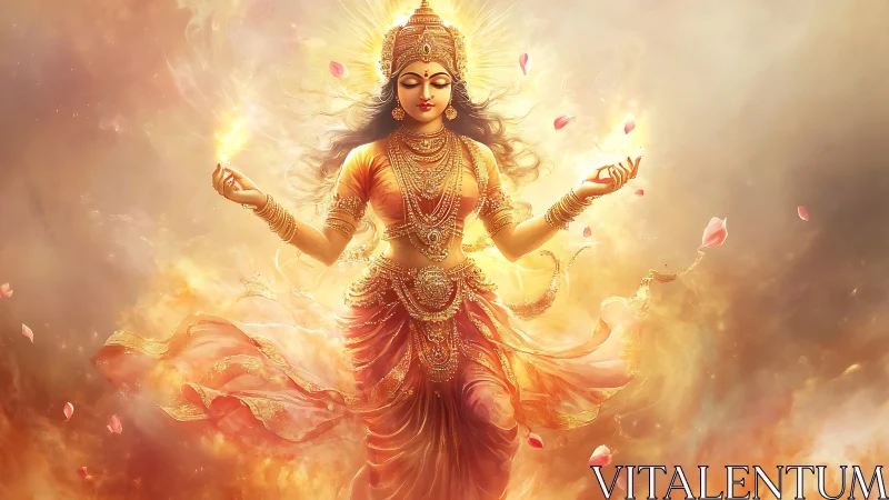 Radiant fire goddess dancing in swirling golden light.