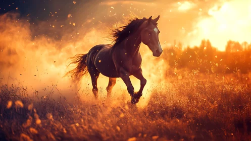 Brown horse running through glowing sunset dust field.