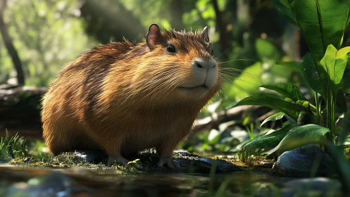 Capybara stands beside forest stream under dappled sunlight.
