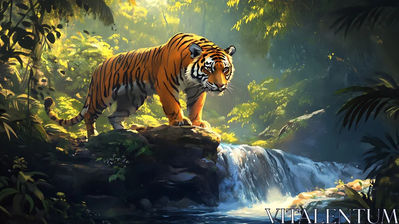 Tiger dominates sunlit jungle waterfall in vivid detail.