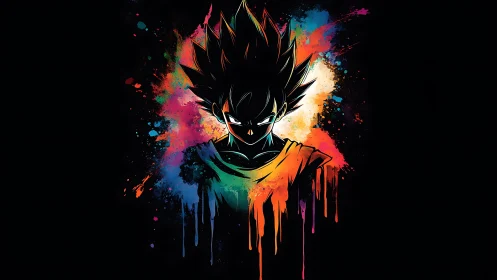 Neon anime warrior emerges from splattered cosmic colors