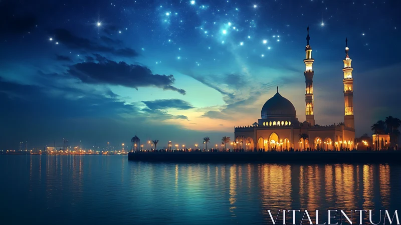 Starlit mosque skyline over calm waterfront at twilight.