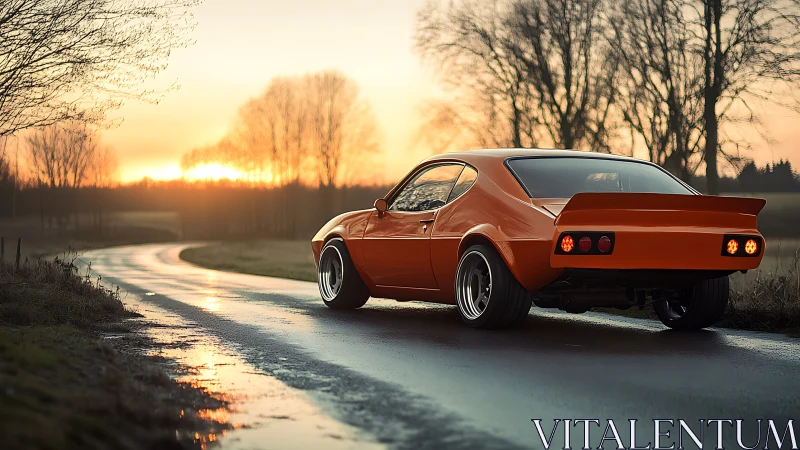 Sunset cruise with a retro orange coupe on a wet road.
