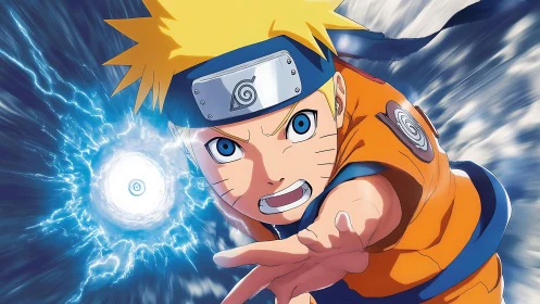 Blond ninja unleashes spiraling blue energy attack mid charge