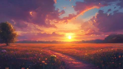 Sunset over wildflower field with distant horizon line.