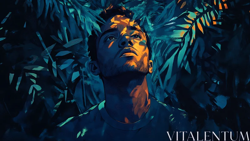 Male figure under foliage with directional blue orange light.