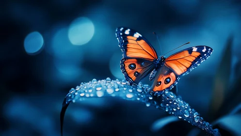 Luminous orange butterfly poised on dewlit midnight leaf.