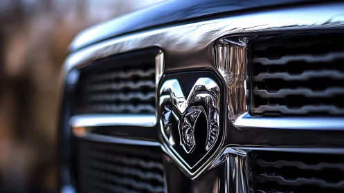 Bold chrome truck emblem catching light with rugged pride.