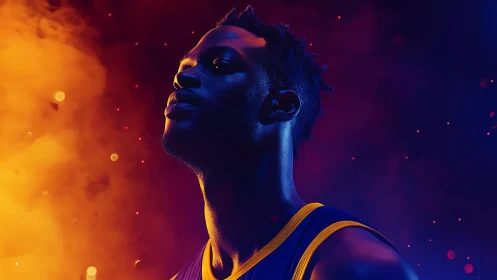 Basketball player posed in dramatic orange and blue lighting