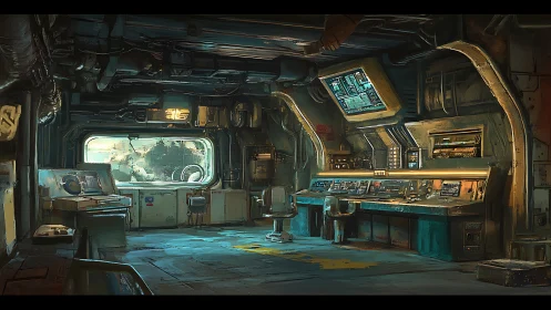 Control room shows worn futuristic consoles and windowed wall