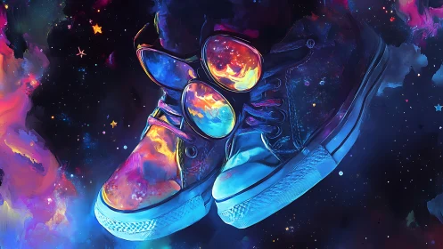 Galactic sneakers drift through neon cosmic reflections.