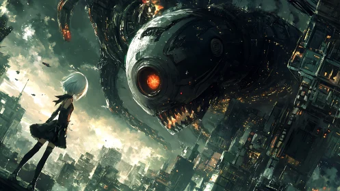 Neon-eyed titan bends low to greet the lone city wanderer