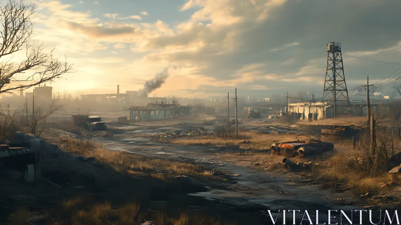 Postapocalyptic industrial wasteland under dusk light.