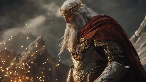 Emberlit king contemplates battle beneath a stormed sky