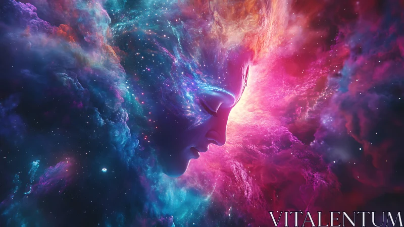 Cosmic human profile merges with radiant nebula cloud field