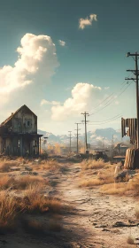 Deserted roadside settlement with utility poles and distant hills