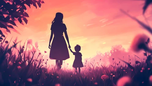 Silhouetted adult and child stand in backlit field at sunset