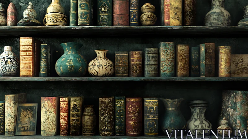 Timeworn books and vases quietly line a moody vintage shelf