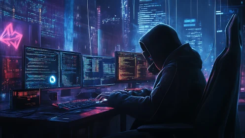 Hooded hacker scripts code in neon cyberpunk control room.