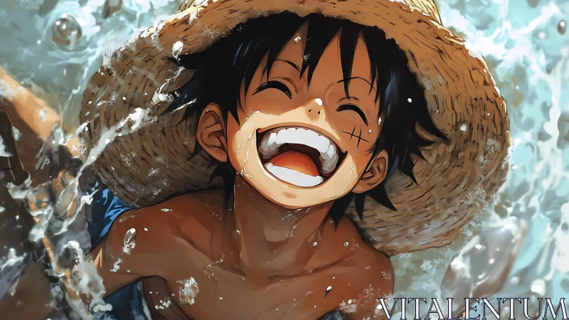 Laughing boy in straw hat splashes through bright seawater
