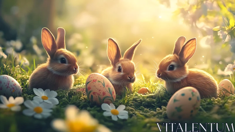 Backlit spring meadow with three rabbits and painted eggs