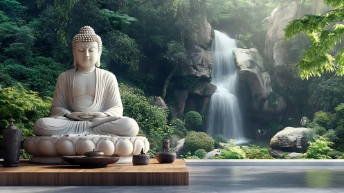 Marble Buddha statue anchors zen terrace before misty forest waterfall