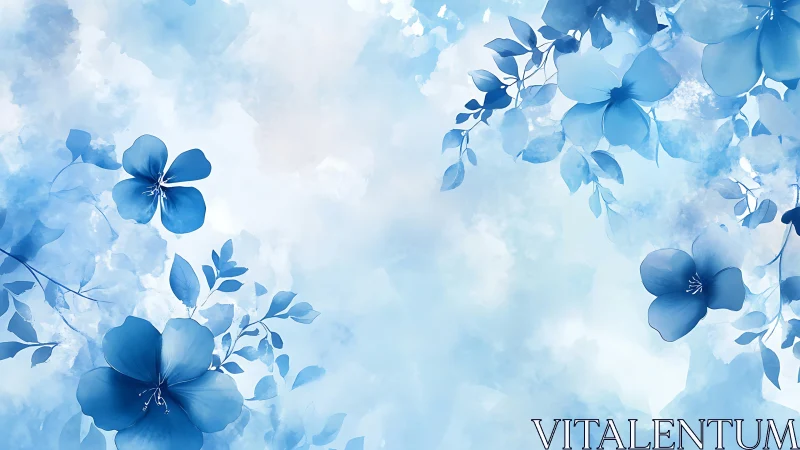Blue Floral Composition with Watercolor Sky Background