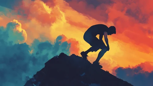 Silhouette climber bends beneath a burning watercolor sky.