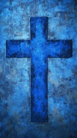 Deep blue cross against textured sky-like backdrop.