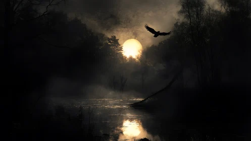 Mystic moonrise welcomes a lone bird over a quiet river