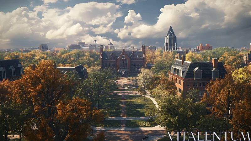 Welcoming autumn campus framed by warm historic brick halls.