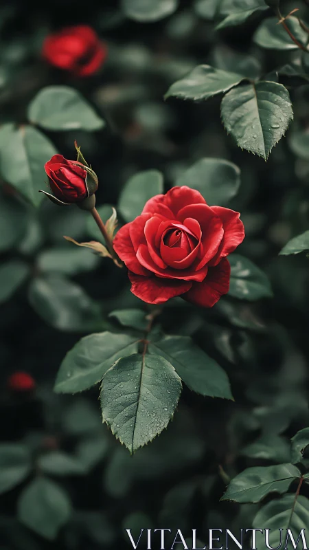 Red Rose with Dew Drops Against Dark Green Foliage.