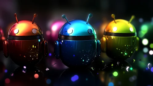 3D chrome android mascots in luminous triadic spectrum alignment.