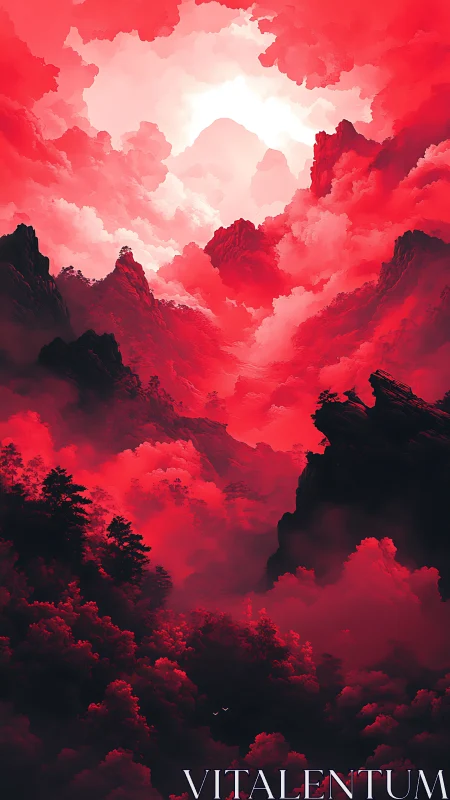 Crimson cloud chasm over jagged mountains in radiant light.
