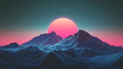 Neon sun ignites icy alien mountains in surreal twilight.