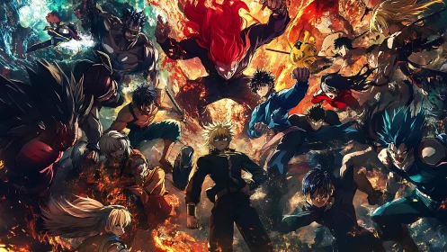 Radial anime combat tableau with elemental kinetic dynamics.