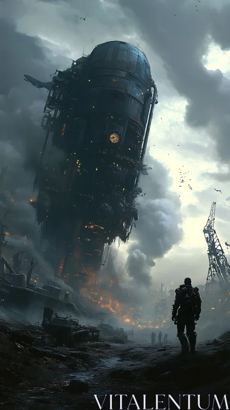 Towering war-torn megastructure looms over burning wasteland.