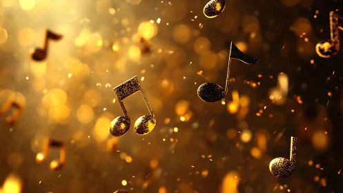 Glittering golden music notes in shallow depth of field bokeh