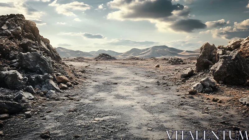 Rocky desert path leading toward distant barren hills.