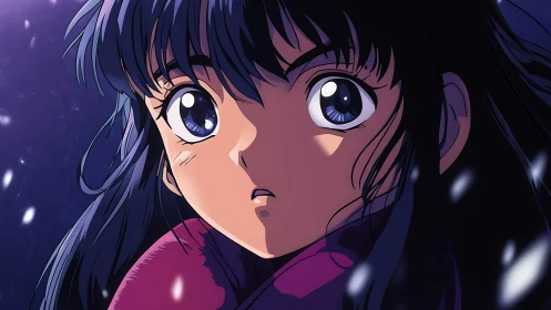 Anime close-up portrait in nocturnal snowfall lighting study.
