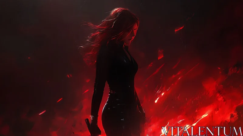 Silhouetted agent in red embers, side-lit tactical stance