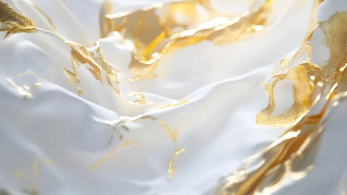 Elegant abstract white silk fabric with gold marble accents.