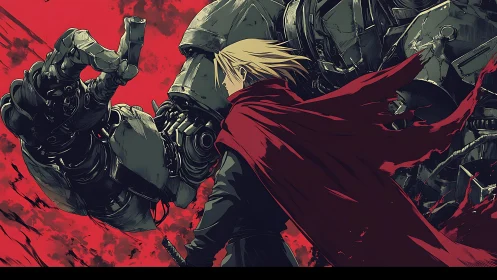 Lone warrior and towering mech stride through crimson storm.