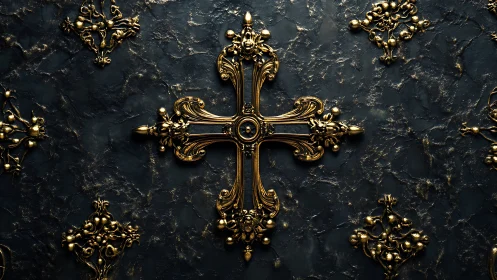 Ornate gold cross lies centered on dark textured stone