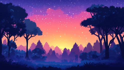 Layered Forest Silhouettes with Chromatic Gradient Sky Transitioning Through Spectral Zones