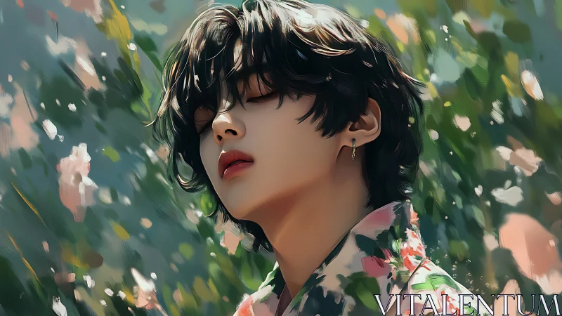 Floral-clad youth in bokeh garden, high-detail digital portrait.