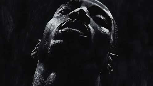 Upward gaze in monochrome, dramatic chiaroscuro portrait.