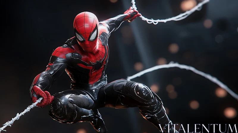 Armored web-slinging hero leaps through a glowing city haze